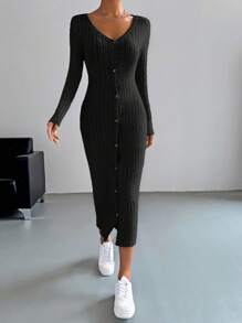 SHEIN EZwear Spring DressRibbed Knit Button Front Bodycon Dress