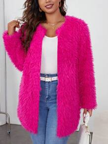 SHEIN Privé 大碼假皮草外套 - 玫紅色 - 查看 4