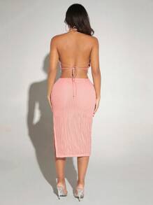 SHEIN SXY Lace Up Backless Split Thigh Halter Dress - Coral Pink - View 2