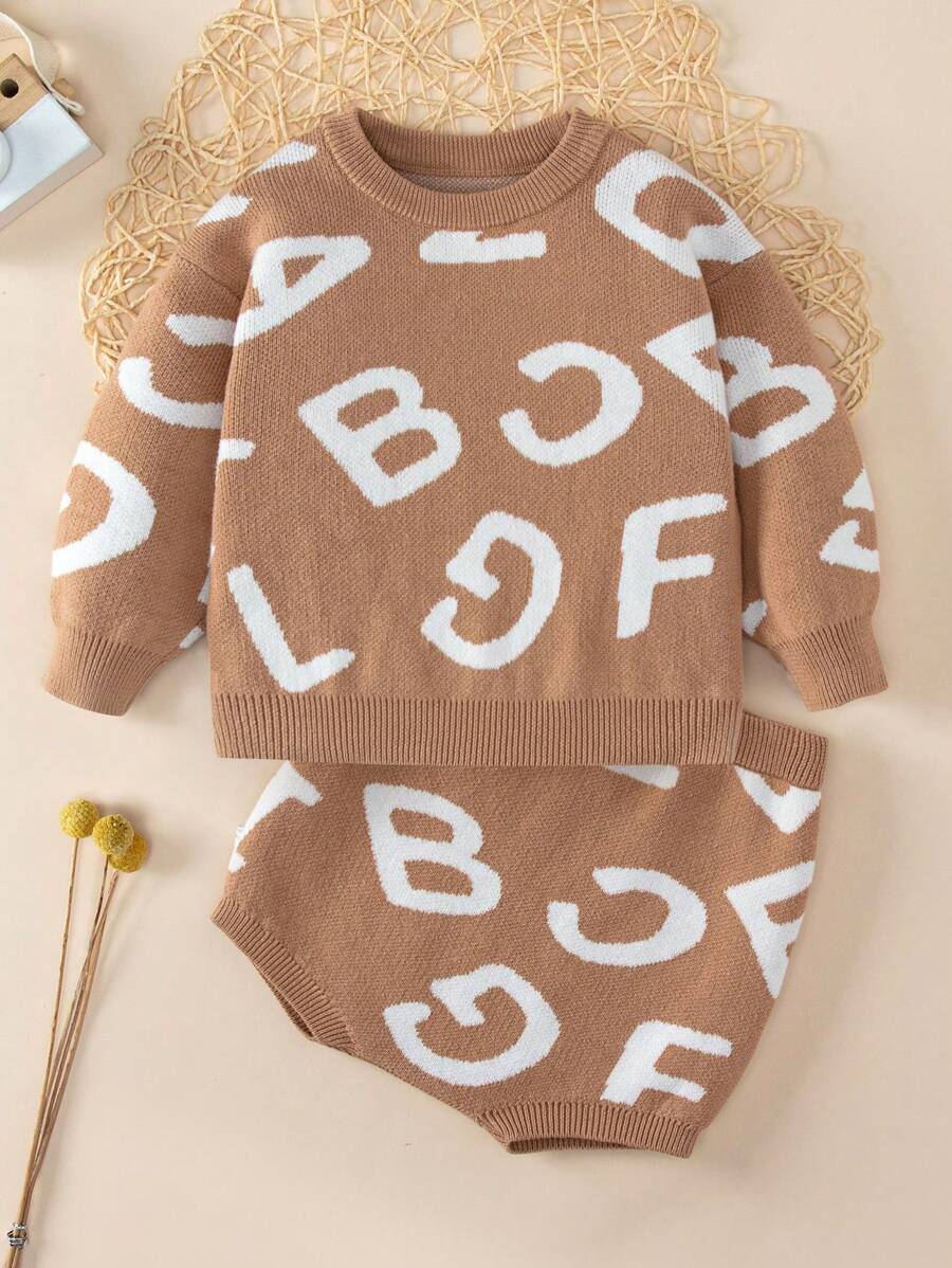 Baby Girl Letter Pattern Sweater & Knit Shorts - Khaki - View 1