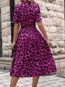 SHEIN LUNE Leopard Print Half Button Dress - Hot Pink - View 4