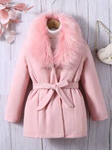 SHEIN Chica preadolescente 1 pieza Abrigo de peluche cuello con cinturón - Rosa - Ver 1