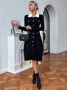 优雅针织连衣裙，有领，长袖，百搭秋冬时尚，女士欧式长裙，长款派对连衣裙 - 黑色 - 查看 6