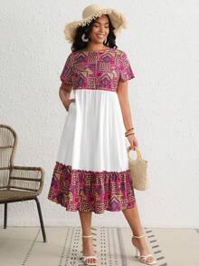 SHEIN VCAY Hơn In Địa lý Xù Hoa Sen Váy Smock - Nhiều màu - Xem 4