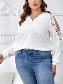 SHEIN Clasi 大碼蕾絲拼接挖肩運動衫 - 白色 - 查看 4