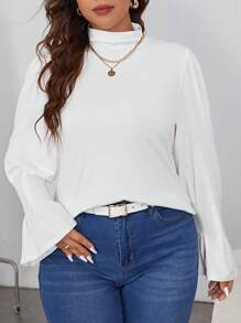 SHEIN Essnce Talla grande Camiseta de cuello alto de manga con volante - Blanco - Ver 5