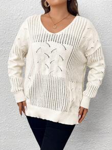 Celure Plus Pointelle Knit Drop Shoulder Sweater - Beige - View 6