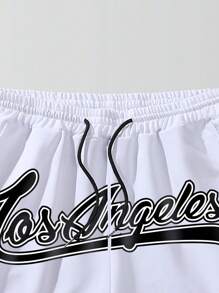 Manfinity Campus Court Loose Men's Letter Graphic Contrast Trim Drawstring Waist Shorts - White - View 3