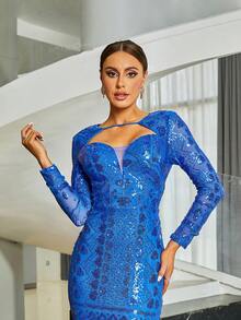 Missord Cut Out Front Sequin Dress - Blue - View 5
