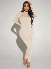 SHEIN SXY 半拉鏈門襟彈力緊身連體褲 - 米色 - 查看 5