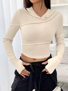SHEIN EZwear Solid Crop Hoodie,Long Sleeve Tops Graduation,Back To School Outfits,Graduation,Teacher Outfits For Women,Back To School - Apricot - View 1