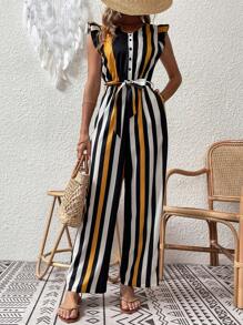 Breezaya Ruffle Trim Belted Striped Jumpsuit - Multicolor - View 1