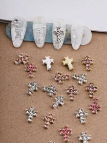 Halloween 20Pcs 3D Rhinestone Decor Cross Design Nail Art Decoration Mixed Color Three-Dimensional Nail Art Cross, Punk Style Nail Rhinestone Flash Metal Diamond, European And American Style Y2K Simple Versatile Metal Texture Diy Nail Art Shape Decoration, Nail Rhinestone False Nail Decoration Accessories Nail Charms Nail Supplies Nail Gems Nails - Multicolor - View 4