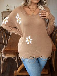 Calvaya Hơn Mô hình hoa Thả vai Áo len Distressed - Lạc đà - Xem 3