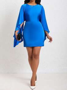 SHEIN Unity 素色斗篷袖緊身洋裝 - 寶藍色 - 查看 1