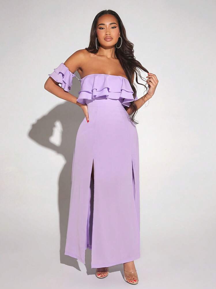 SHEIN SXY Off Shoulder Ruffle Trim Split Thigh Dress - Lilac Purple - View 1