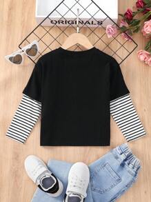 SHEIN Chica Joven Camiseta 2 en 1 de rayas & con estampado de figura - Multicolor - Ver 2