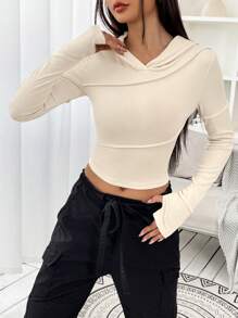 SHEIN EZwear Solid Crop Hoodie,Long Sleeve Tops Graduation,Back To School Outfits,Graduation,Teacher Outfits For Women,Back To School - Apricot - View 5