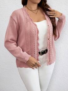 SHEIN Clasi Áo len cardigan dệt kim màu trơn cỡ lớn thanh lịch khoét rỗng lãng mạn, mùa thu/đông - Hồng - Xem 5