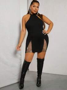 SHEIN Unity 加大號鑽石網紗露背連身裙 - 黑色 - 查看 3