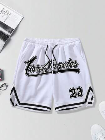 Manfinity Sporsity Loose-Fit Men's Shorts With Letter Graphic, Contrast Trim And Drawstring Waist, Back To School