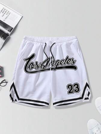 Manfinity Sporsity Loose-Fit Men's Shorts With Letter Graphic, Contrast Trim And Drawstring Waist