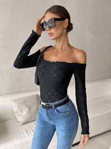 SHEIN Privé Off Shoulder Lettuce Trim Eyelet Embroidery Tee - Black - View 5