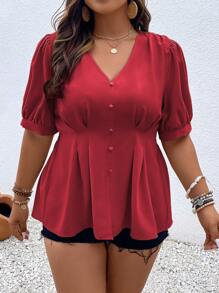 SHEIN LUNE Hơn Chi tiết nếp Ống tay áo Áo sơ mi - Đỏ - Xem 5