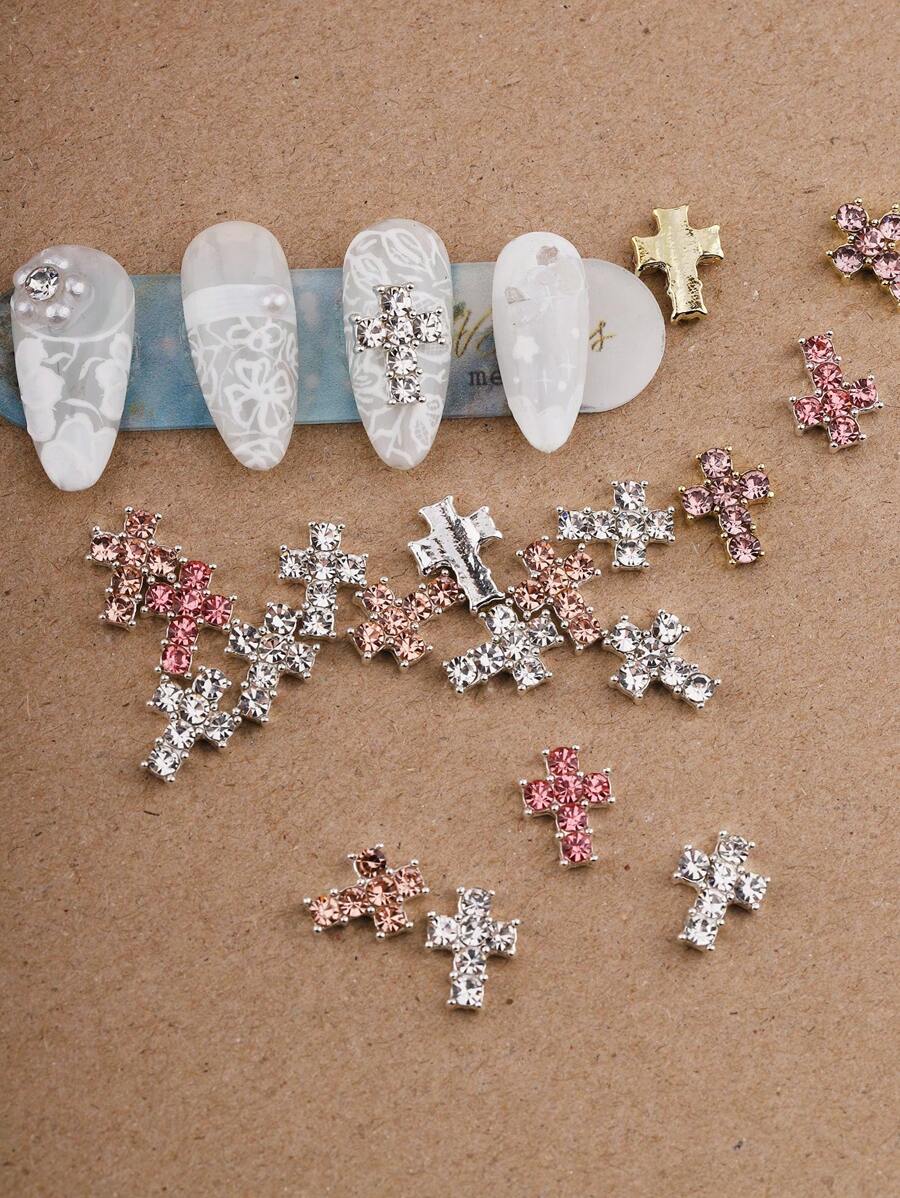 Halloween 20Pcs 3D Rhinestone Decor Cross Design Nail Art Decoration Mixed Color Three-Dimensional Nail Art Cross, Punk Style Nail Rhinestone Flash Metal Diamond, European And American Style Y2K Simple Versatile Metal Texture Diy Nail Art Shape Decoration, Nail Rhinestone False Nail Decoration Accessories Nail Charms Nail Supplies Nail Gems Nails - Multicolor - View 1