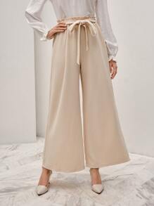 SHEIN Frenchy Nếp gấp cao eo Thắt lưng Quần ống rộng - Màu be - Xem 1