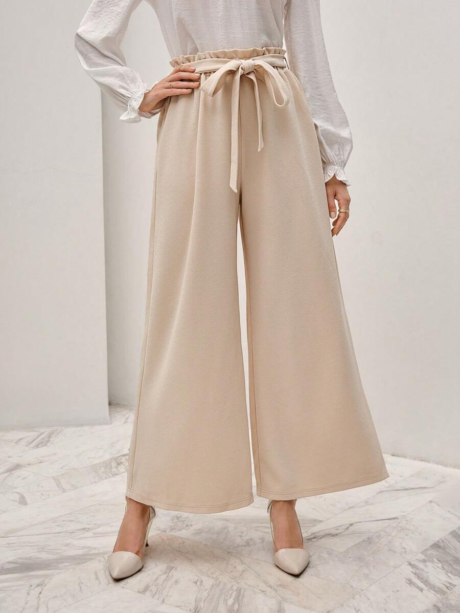 SHEIN Frenchy Nếp gấp cao eo Thắt lưng Quần ống rộng - Màu be - Xem 1