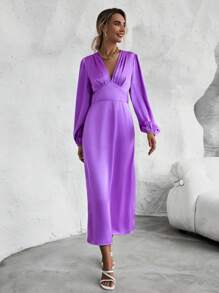 SHEIN Clasi Cổ Lao Tay áo lồng đèn Xù Đầm ôm sát ngực - Màu tím - Xem 7