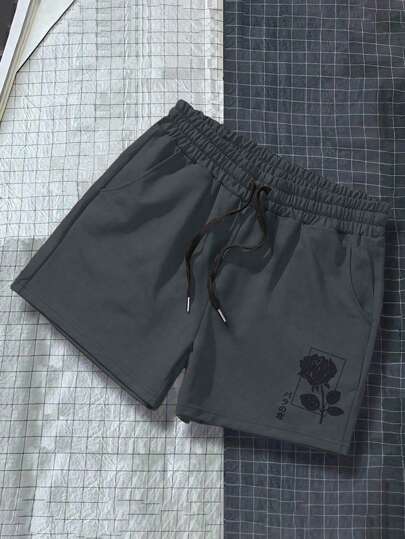 Manfinity EZcore Guys Rose Print Drawstring Waist Shorts
