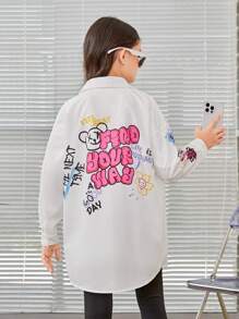 SHEIN Leap Crew Tween Girl Slogan & Cartoon Graphic Drop Shoulder Shirt