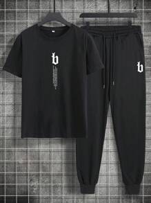 Manfinity Homme 男士字母圖案T恤&腰部抽繩衛褲 - 黑色 - 查看 3