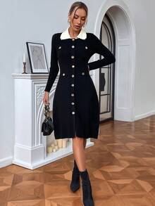 优雅针织连衣裙，有领，长袖，百搭秋冬时尚，女士欧式长裙，长款派对连衣裙 - 黑色 - 查看 4