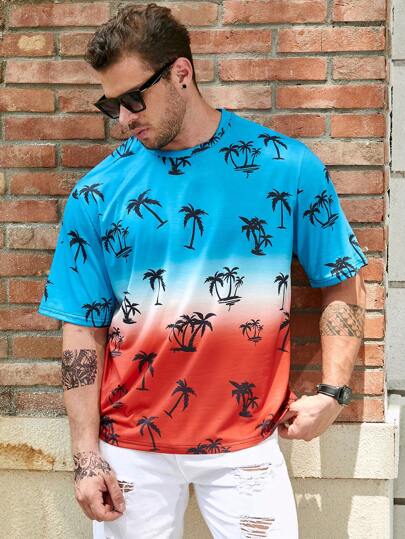 Manfinity Chillmode 男士大码椰子樹圖案漸層T恤