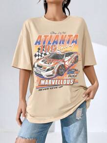 SHEIN EZwear Đồ họa ô tô và chữ cái Thả vai Áo phông Quá khổ - Màu be - Xem 3