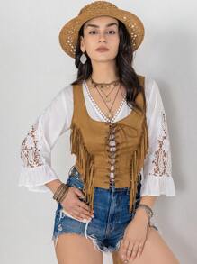 Rusttydustty Lace lên phía trước Viền rìa Áo ba lỗ - màu nâu - Xem 3