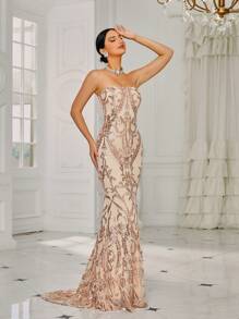 Missord Sequin Tube Formal Party Dress Elegant Prom Evening Wedding Guest Gown, For Graduation, Dinner - Rose Gold - View 3