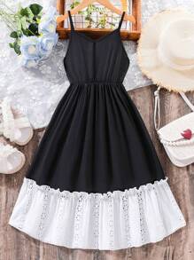 SHEIN Tween Girl Contrast Color Patchwork Embroidery Hollow Ruffle Hem Casual Camisole Dress
