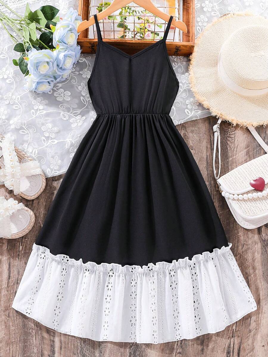 SHEIN Tween Girl Contrast Color Patchwork Embroidery Hollow Ruffle Hem Casual Camisole Dress