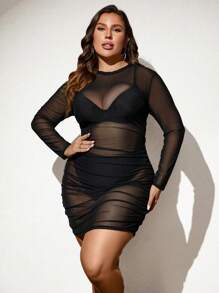 NU&NOW 大碼褶邊網紗緊身連衣裙不附帶內衣褲套裝 - 黑色 - 查看 5