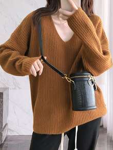 Solid Drop Shoulder Sweater - Brown - View 4
