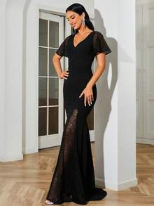 Missord 網紗拼接高衩魚尾裙下擺派對禮服 - 黑色 - 查看 5