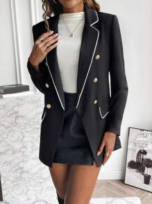 SHEIN Clasi Contrast Binding Double Breasted Blazer - Black - View 5