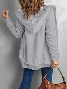 CILKOO 女士长袖休闲针织连帽开衫，前开襟纽扣，保暖 - 淺灰色 - 查看 3