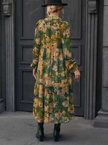 Aveloria Floral Print Lantern Sleeve Ruffle Hem Shirt Dress - Multicolor - View 2