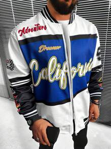 Manfinity EMRG Lỏng lẻo phù hợp Nam Đồ họa Chữ cái Khối màu Dây kéo Áo khoác bomber - Xanh và trắng - Xem 3