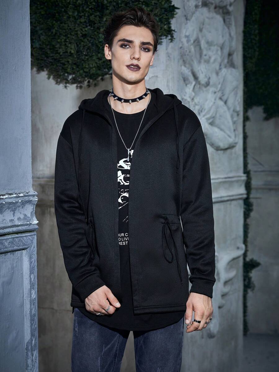 Manfinity Roghcode 寬鬆款式男士萬聖節連帽夾克,帶拉繩腰身設計 - 黑色 - 查看 1